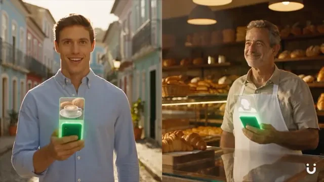 À esquerda, um homem sorri numa rua histórica e segura o celular, que mostra um café com pão de queijo. À direita, um padeiro de avental sorri atrás do balcão da padaria, também com o celular na mão.