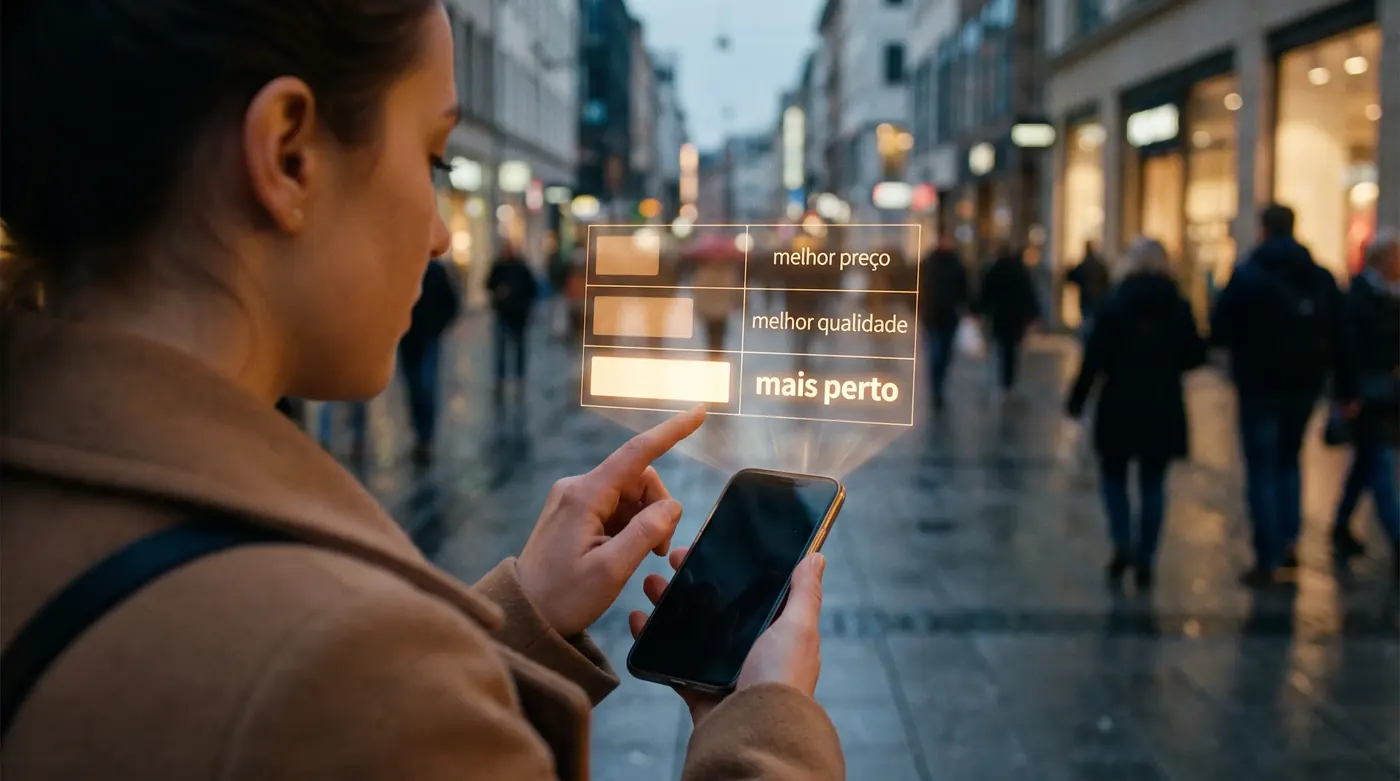 Uma mulher segura o celular numa rua à noite. Sobre o aparelho flutua uma lista de ofertas com os rótulos melhor preço, melhor qualidade e mais perto.